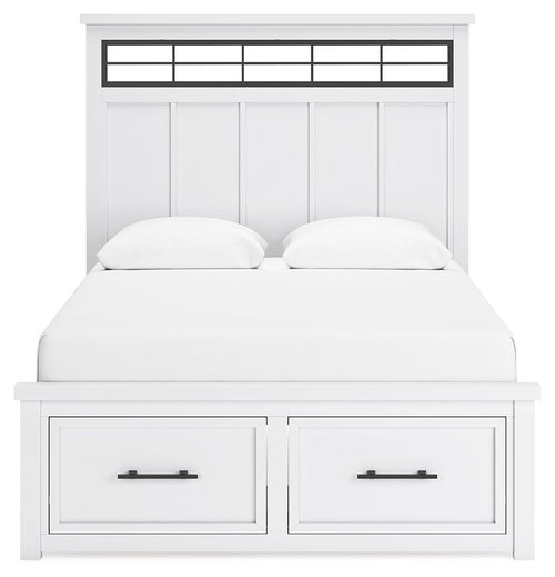White panel storage bed with headboard cutouts and two front drawers
