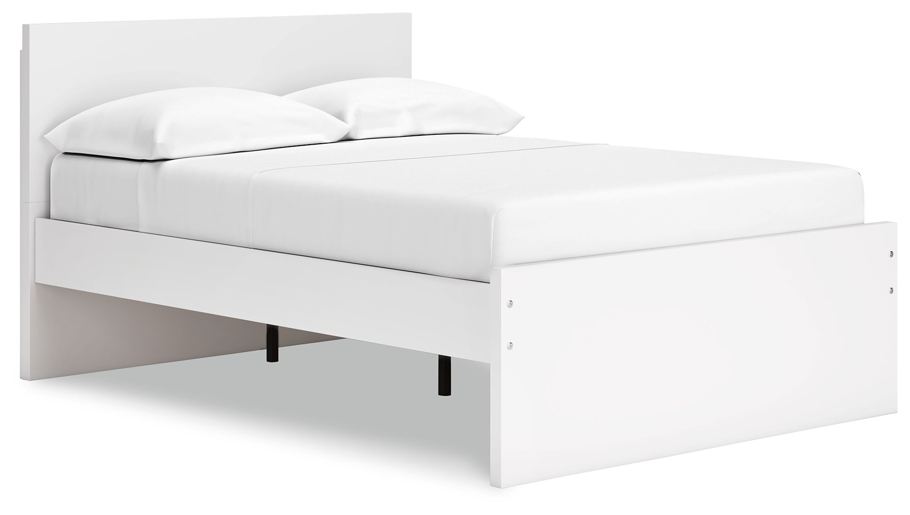 White panel platform bed with two side cutouts and visible legs under the frame
