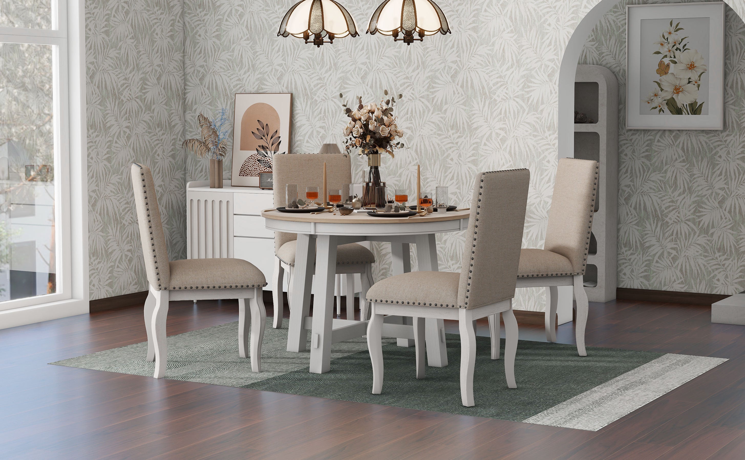 5-Pc Farmhouse Dining Set - Oak & White