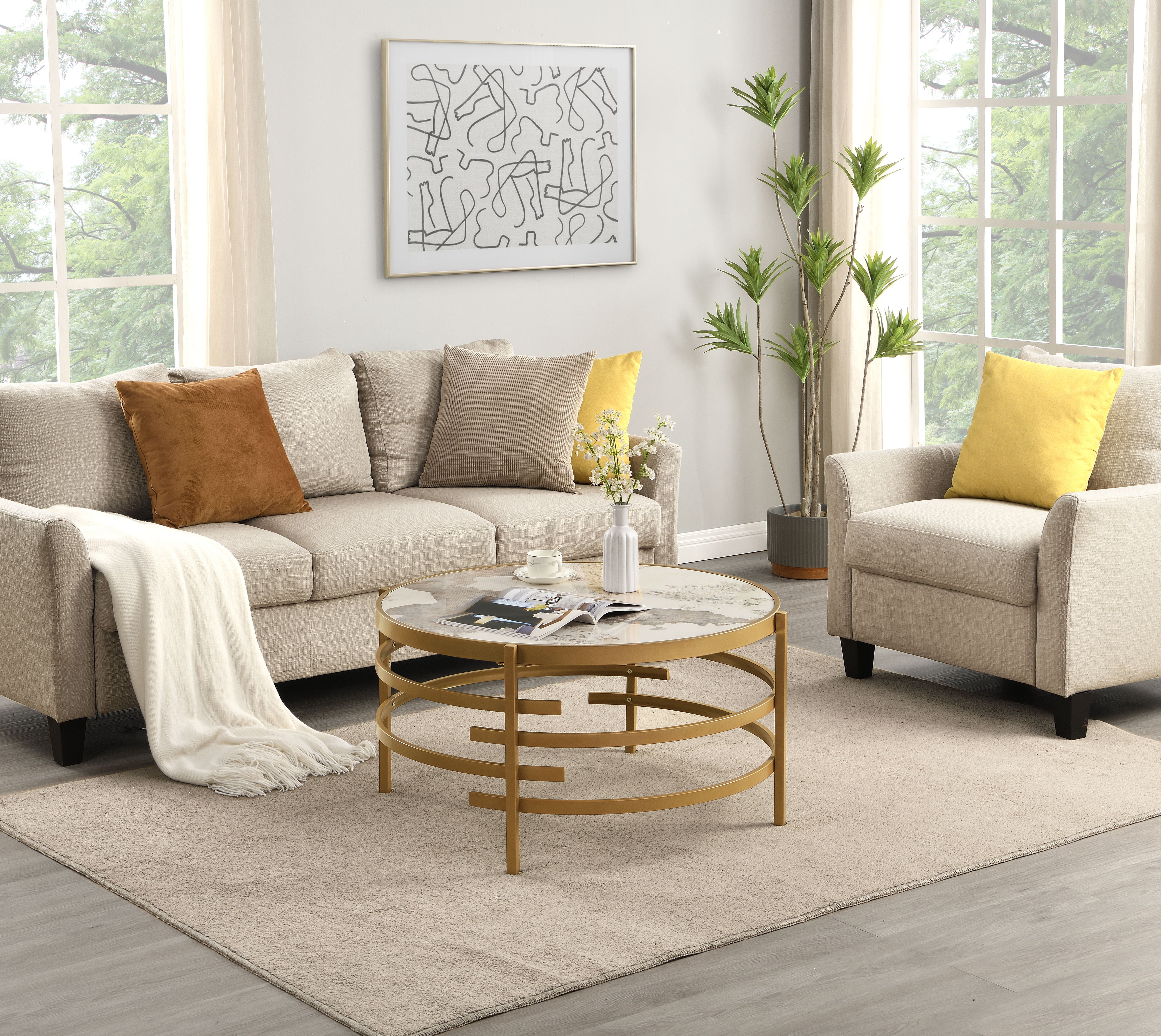 Round Coffee Table With Sintered Stone Top&Sturdy Metal Frame, Modern Coffee Table For Living Room, Golden