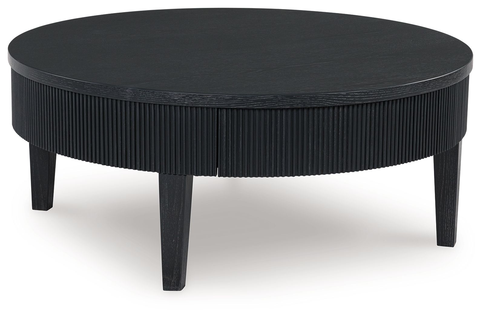 Black round cocktail table with ribbed pedestal sides and dark legs
