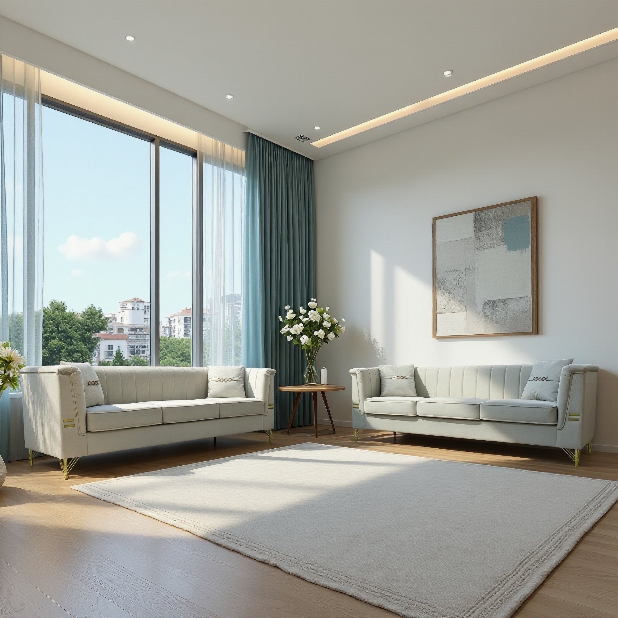 Modern Velvet Beige Sofa Set 2-PC Gold Legs (3-Seater)