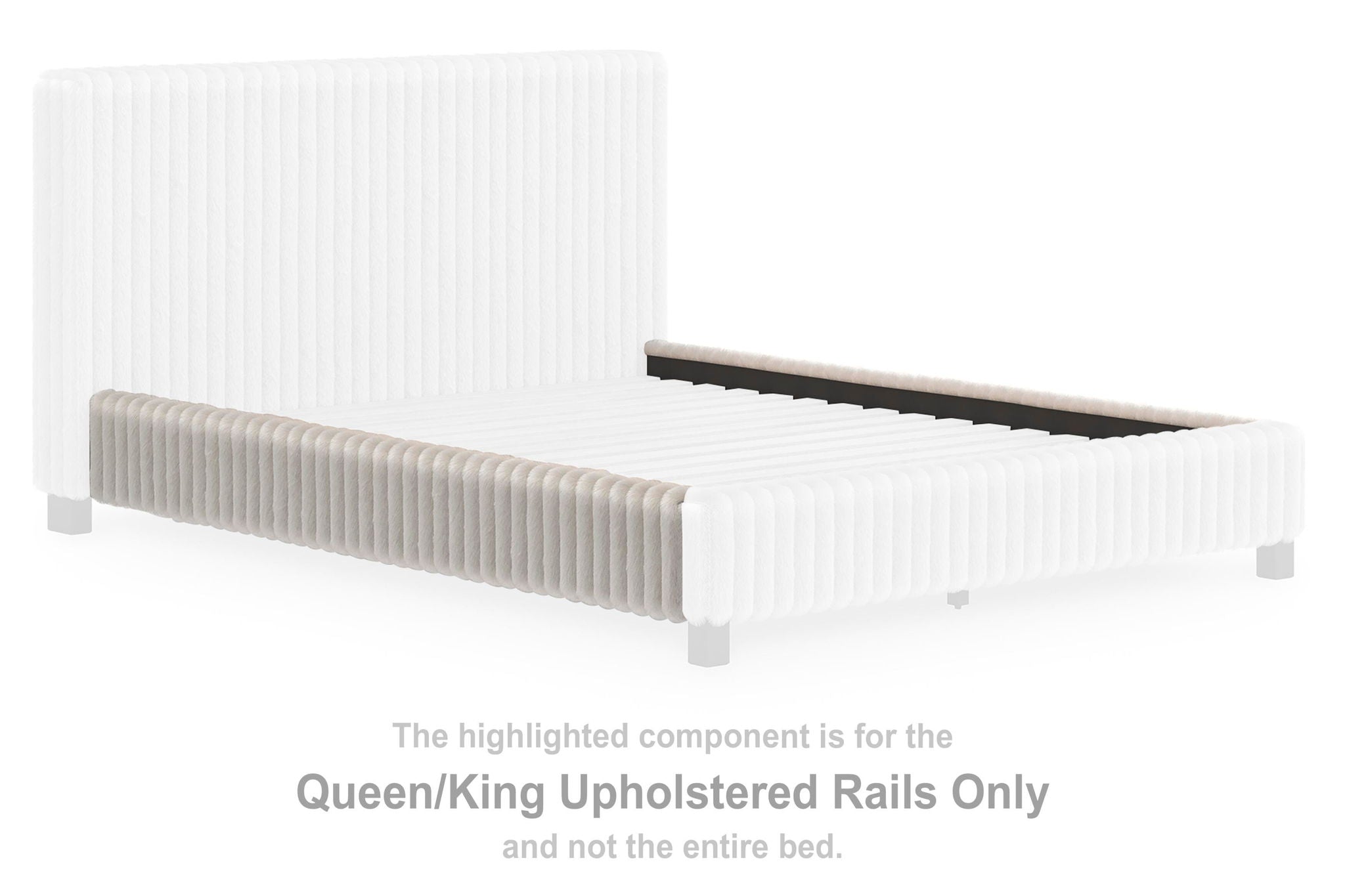 Gray upholstered bed rails with tall vertical fabric panels, including two side rails