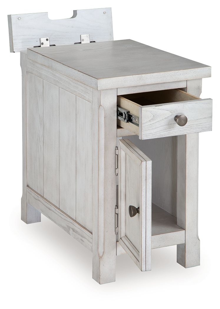 White side table with square top, open shelf, and cabinet door with knob.