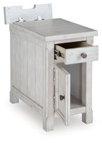 White side table with square top, open shelf, and cabinet door with knob.