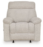 Rocker recliner chair in light beige-gray fabric, front view with two seat cushions