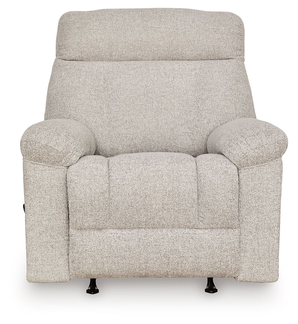 Rocker recliner chair in light beige-gray fabric, front view with two seat cushions