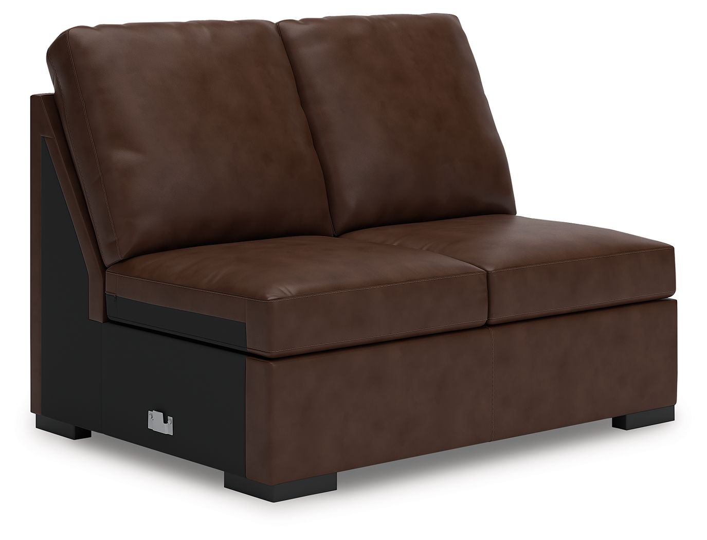 Coffee-brown chaise lounge with tall back, deep seat cushion, and black base accents
