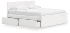 White panel platform bed with side drawer storage and slatted frame