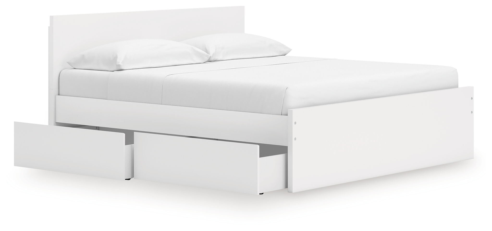 White panel platform bed with side drawer storage and slatted frame