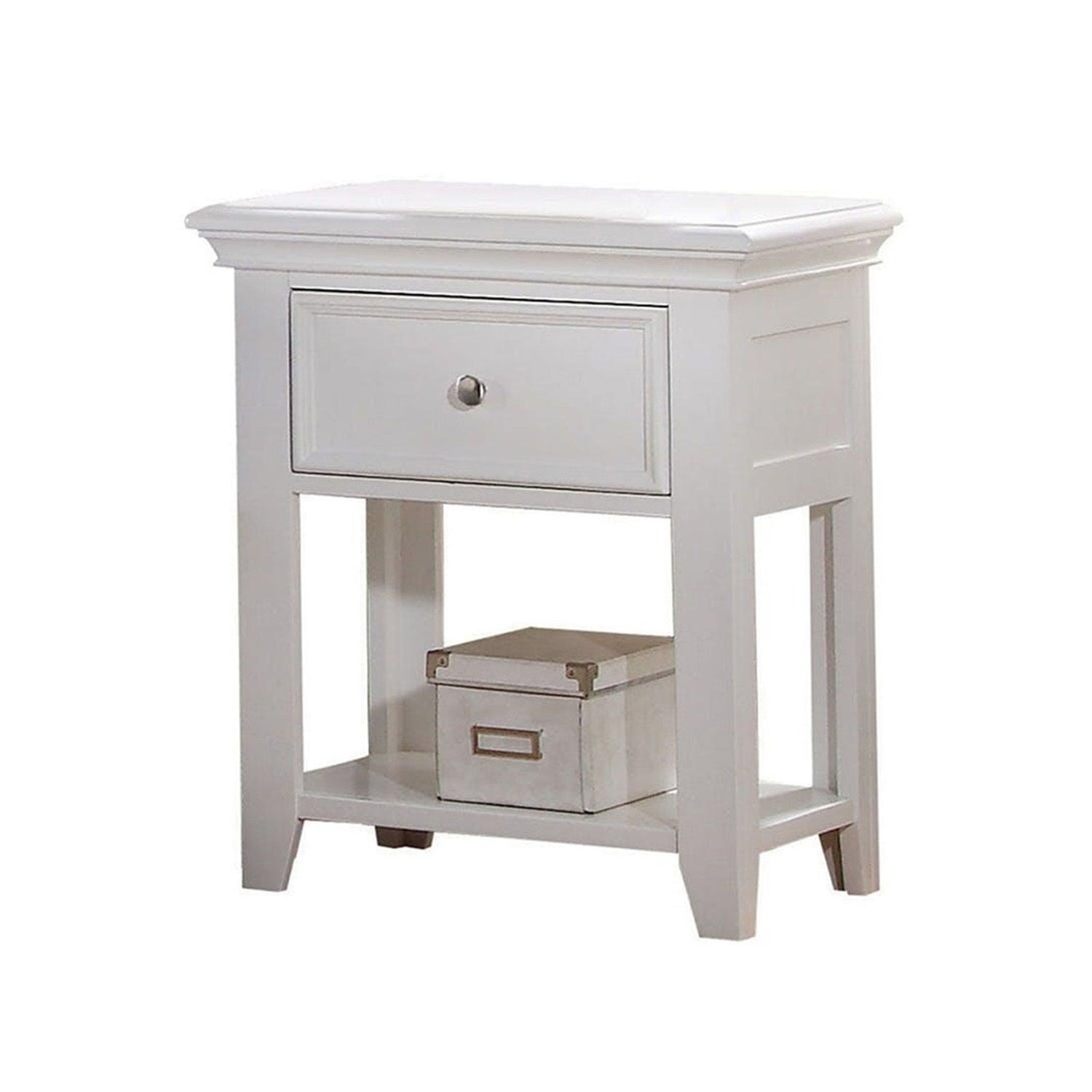 White Wooden Nightstand: 1 Drawer & Open Bottom Shelf