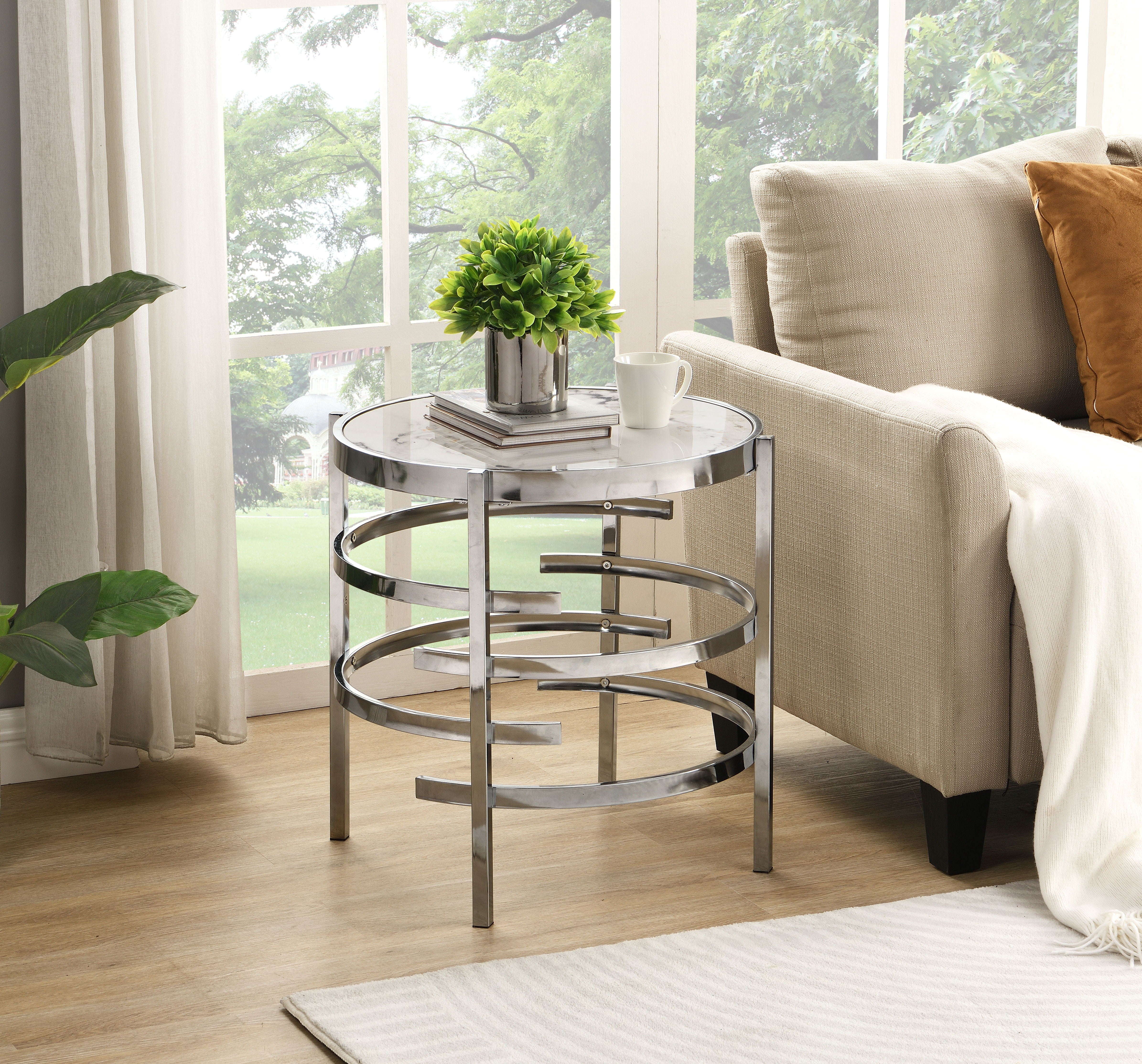 Modern Round End Table With Sintered Stone Top, Chrome/Silver End Table For Living Room