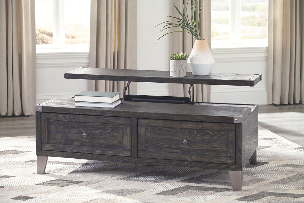Lift-top cocktail table, dark gray wood, two drawers with round knobs