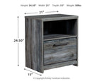 Gray nightstand with open shelf and single drawer, long bar pull, square profile.