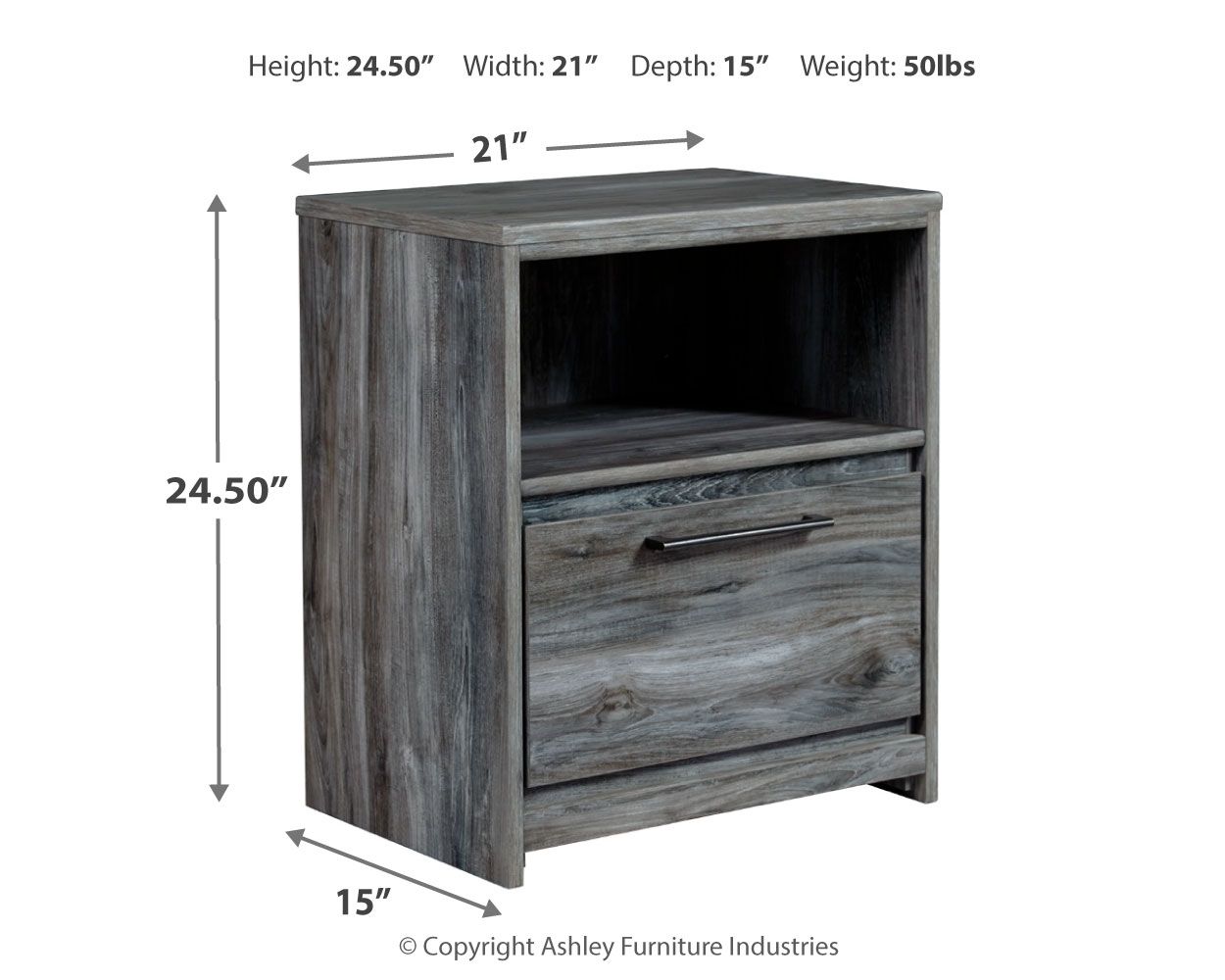 Gray nightstand with open shelf and single drawer, long bar pull, square profile.