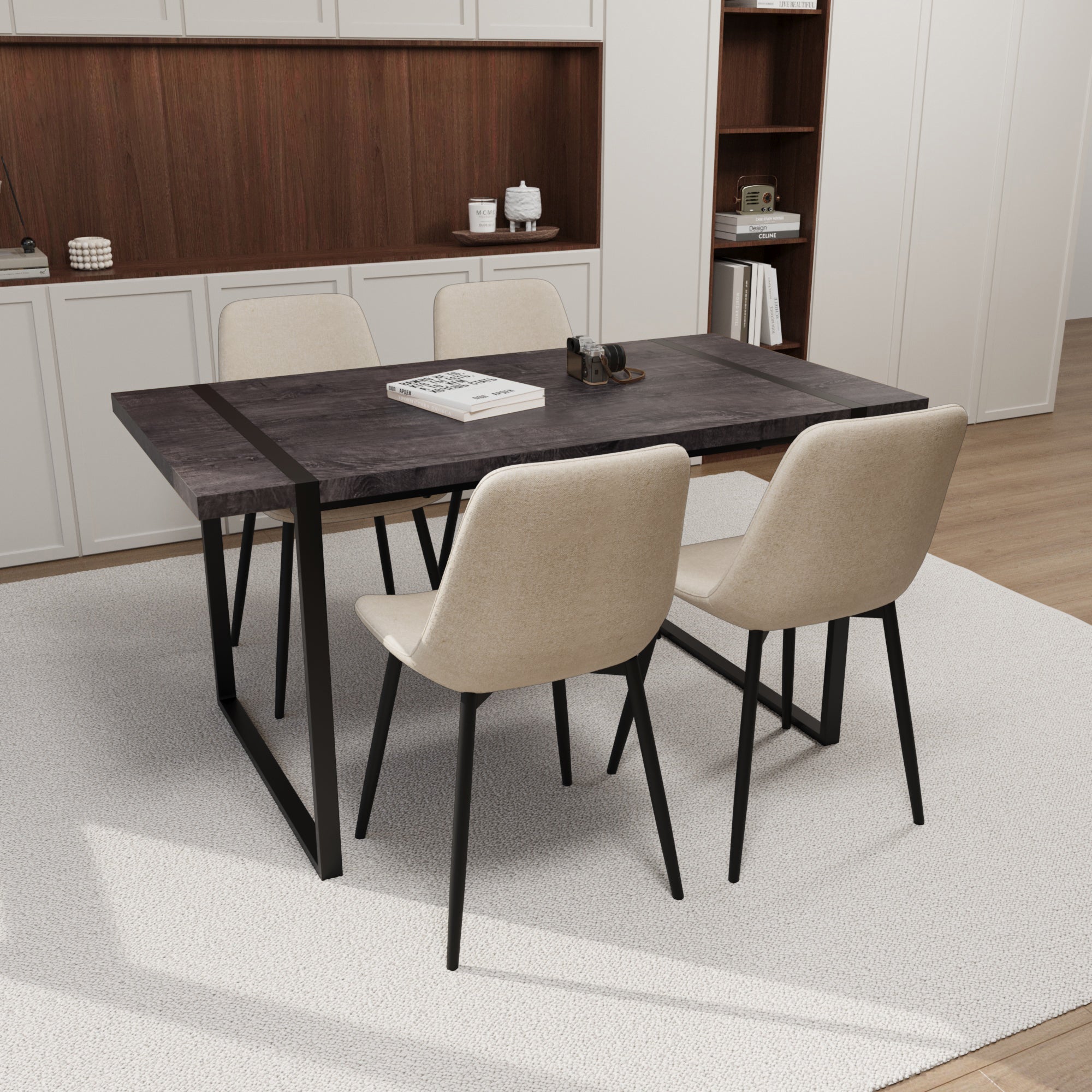 59" Black Dining Table Set w/ 4 Suede Chairs