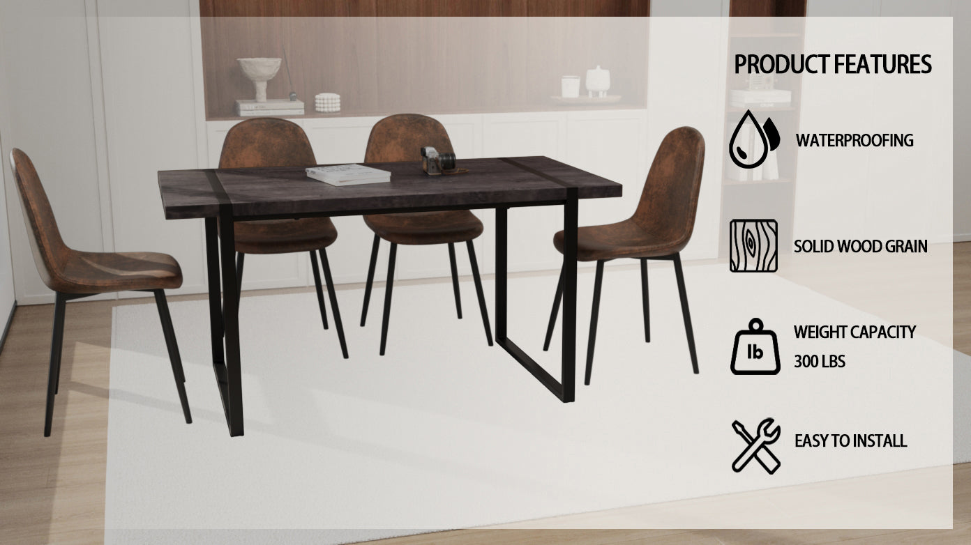 59" Black Dining Table Set - 4 Suede Chairs & Metal Base