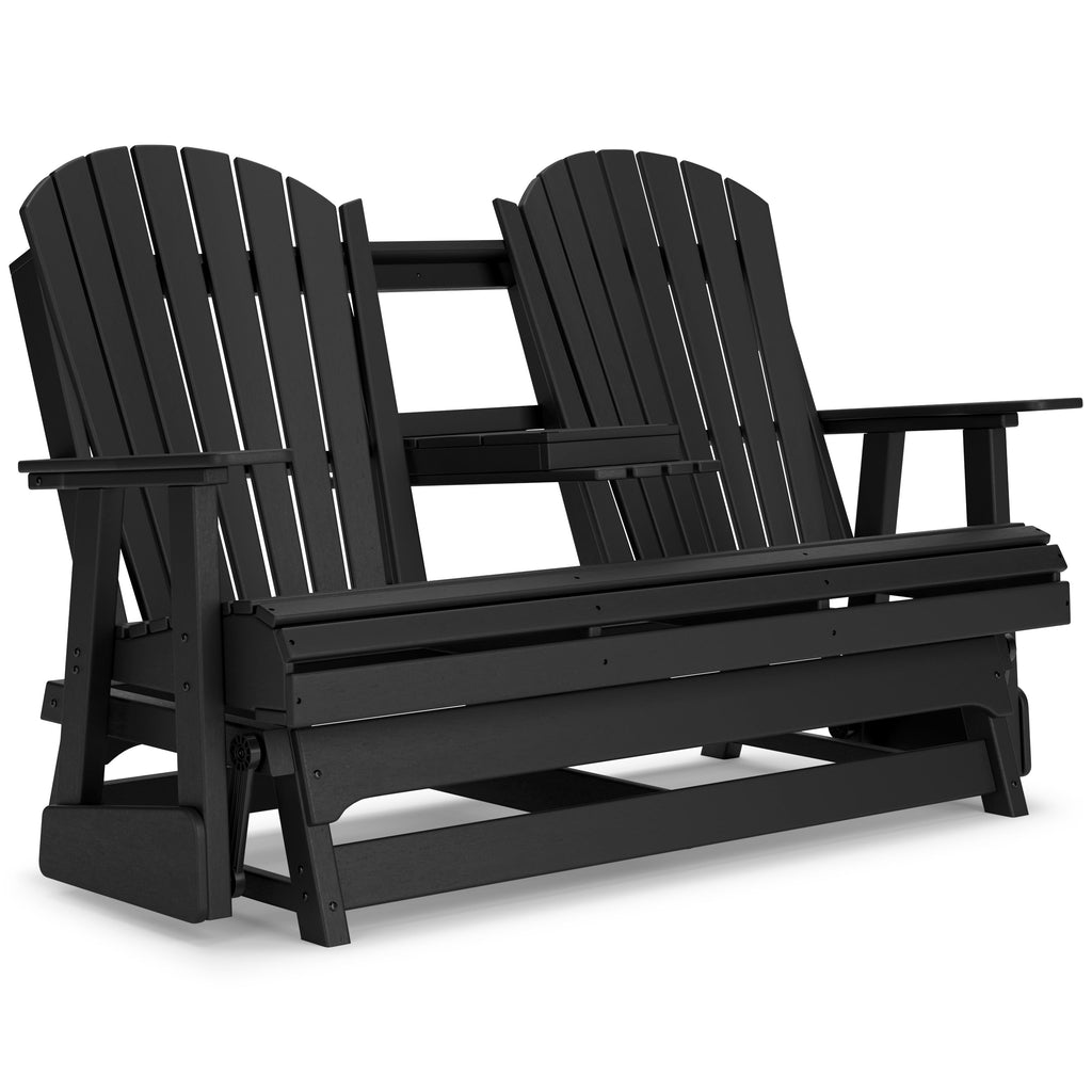 Black glider loveseat angled view with curved slat back and wide armrests