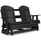 Black glider loveseat angled view with curved slat back and wide armrests