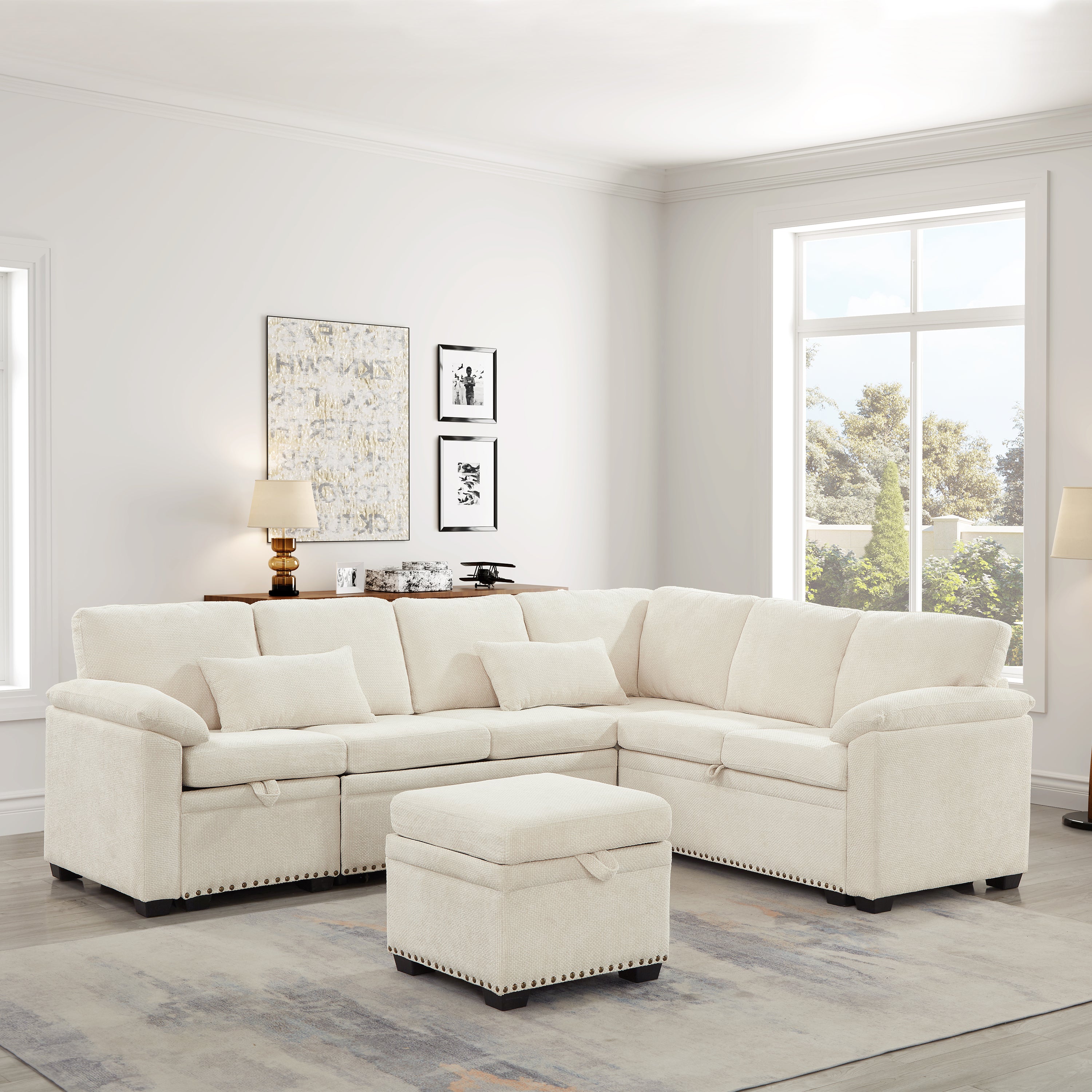 Beige Chenille L-Shaped Sectional Sofa w/ Storage Ottoman