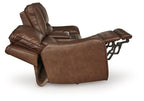 Power reclining loveseat with adjustable headrest, dark brown upholstered seat