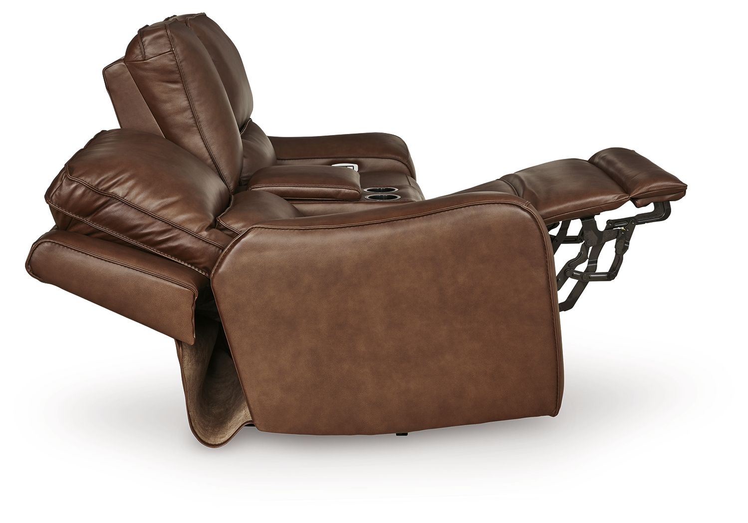 Power reclining loveseat with adjustable headrest, dark brown upholstered seat
