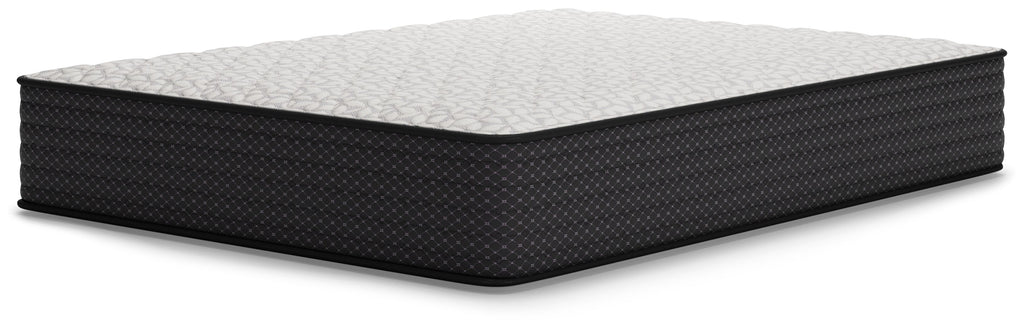 Firm mattress with white quilted top and black fabric sides