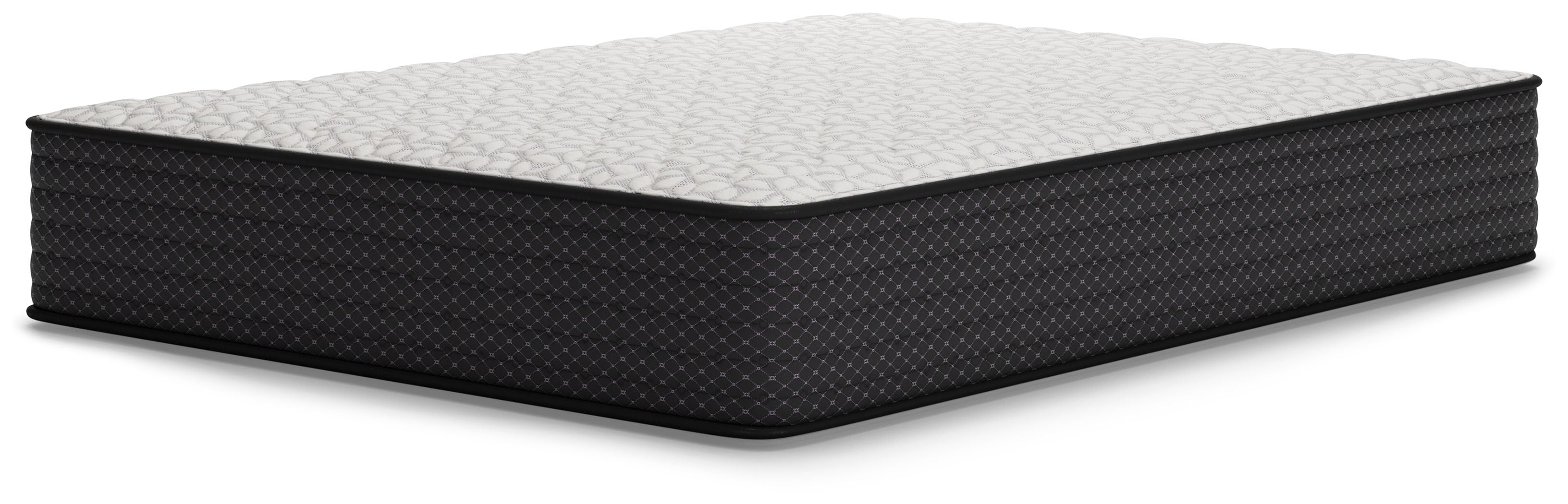 Firm mattress with white quilted top and black fabric sides