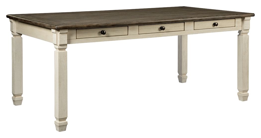 Rectangular dining room table with dark top and beige drawers
