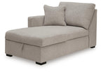 Flint gray upholstered left-arm corner chaise with storage, single seat cushion, black feet