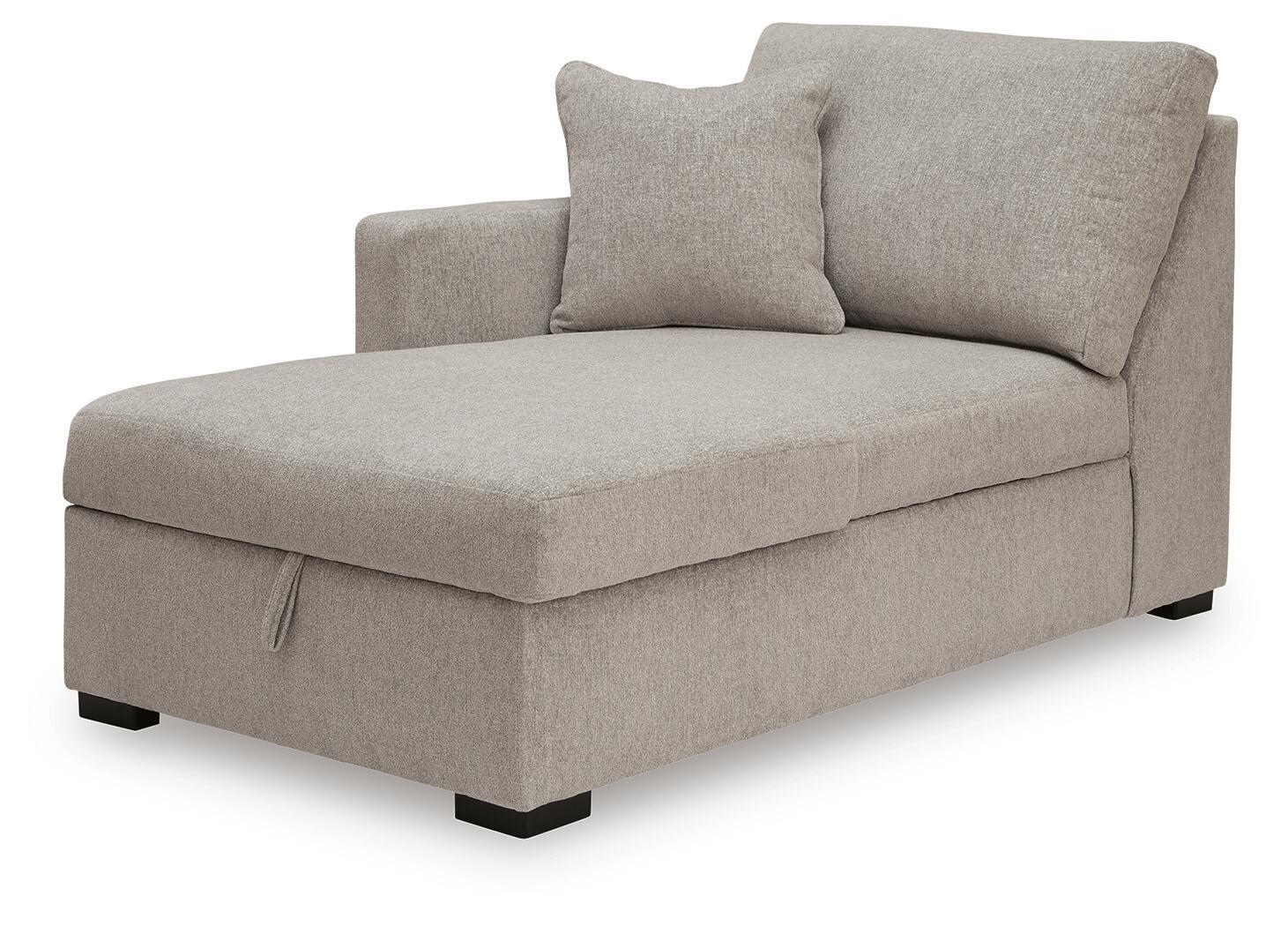 Flint gray upholstered left-arm corner chaise with storage, single seat cushion, black feet
