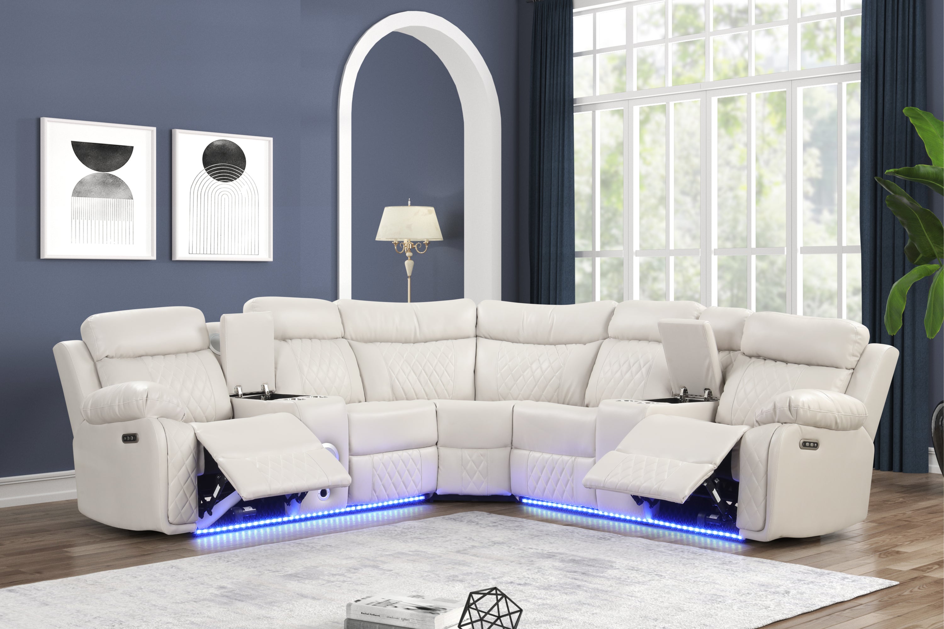 Beige Modern Lacrosse Power Recliner Sectional BT LED