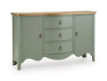 Antique green accent cabinet with central drawer, two doors, scalloped apron, knob pulls