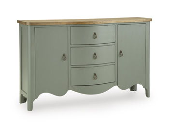 Antique green accent cabinet with central drawer, two doors, scalloped apron, knob pulls