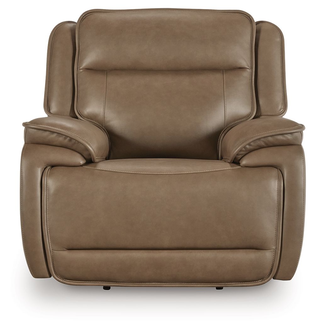 Brown power recliner chair with adjustable headrest and wide padded armrests, front view