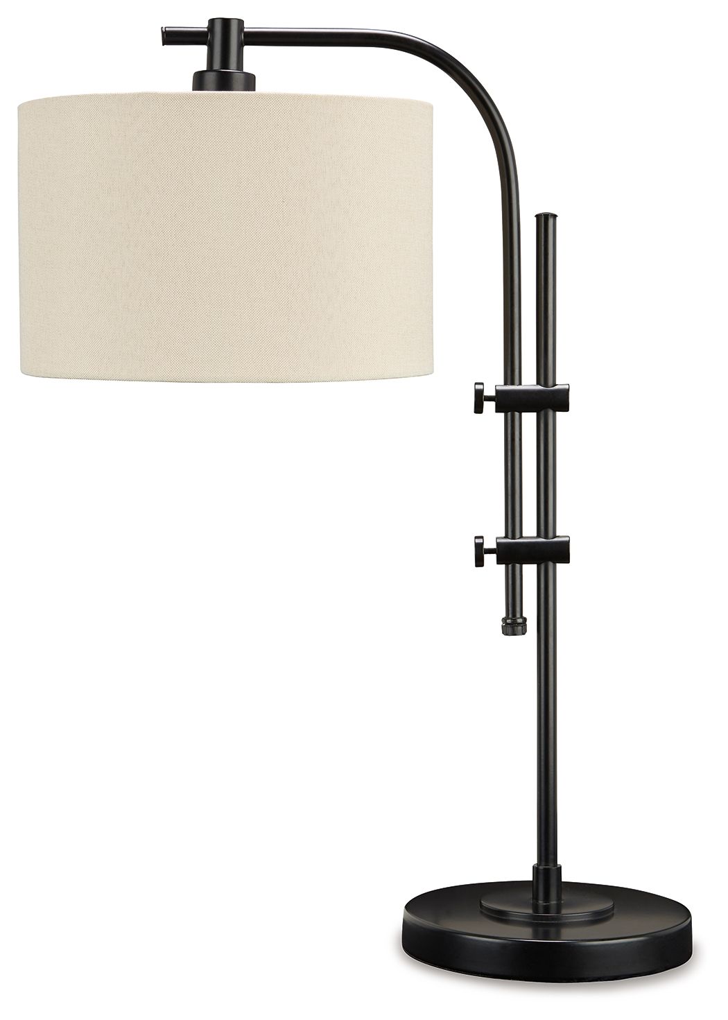 Black metal floor lamp with drum cream fabric shade and stacked bar accents