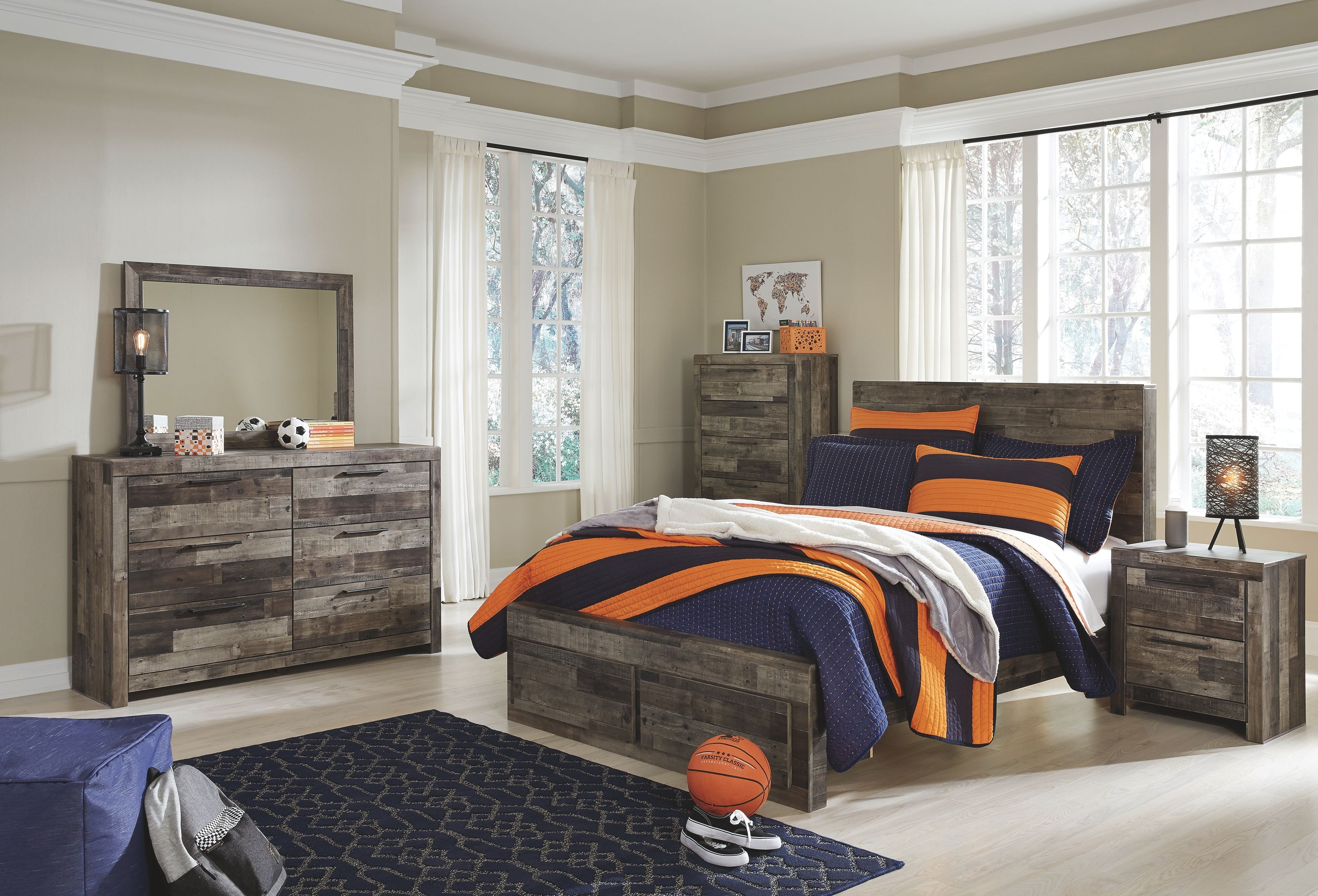 Youth panel bedroom set with dark wood bed, dresser with mirror, and two nightstands