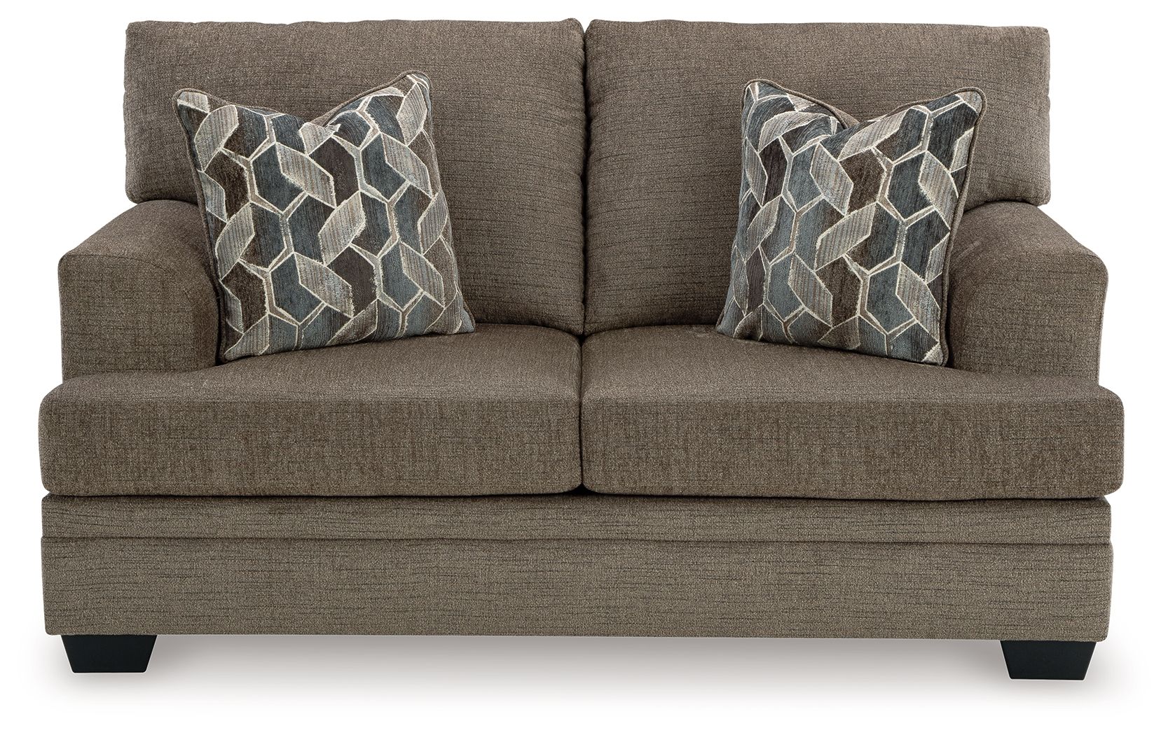 Light beige fabric loveseat with two geometric patterned pillows, front view