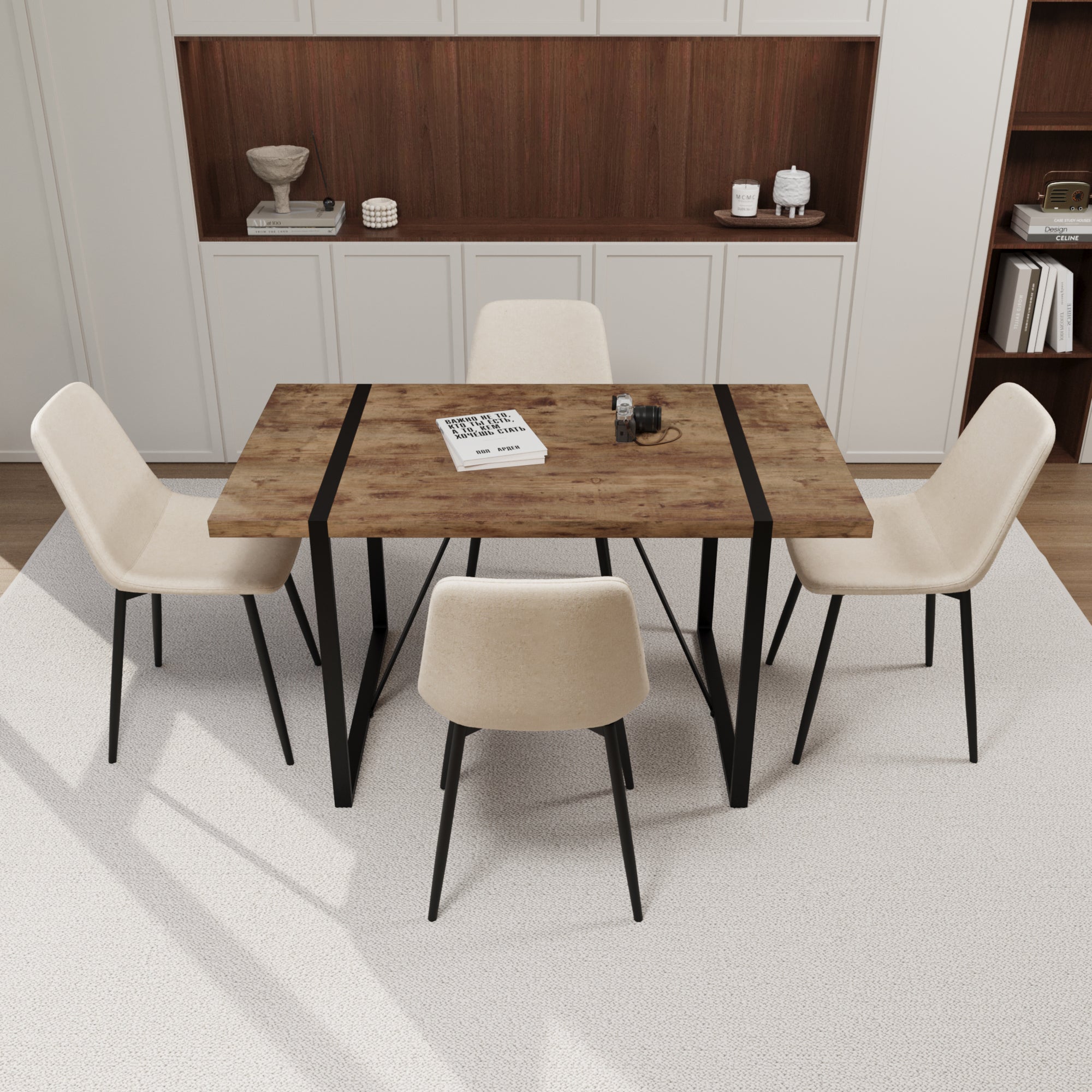 55" Dark Wood Dining Table & Chairs Set - 4 Pcs