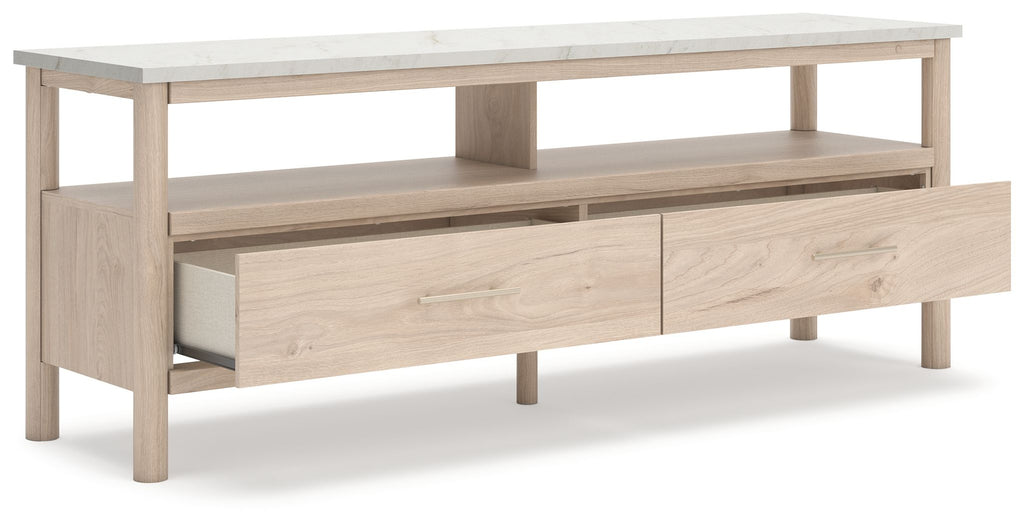 Light wood TV stand with two side shelves and two front drawers