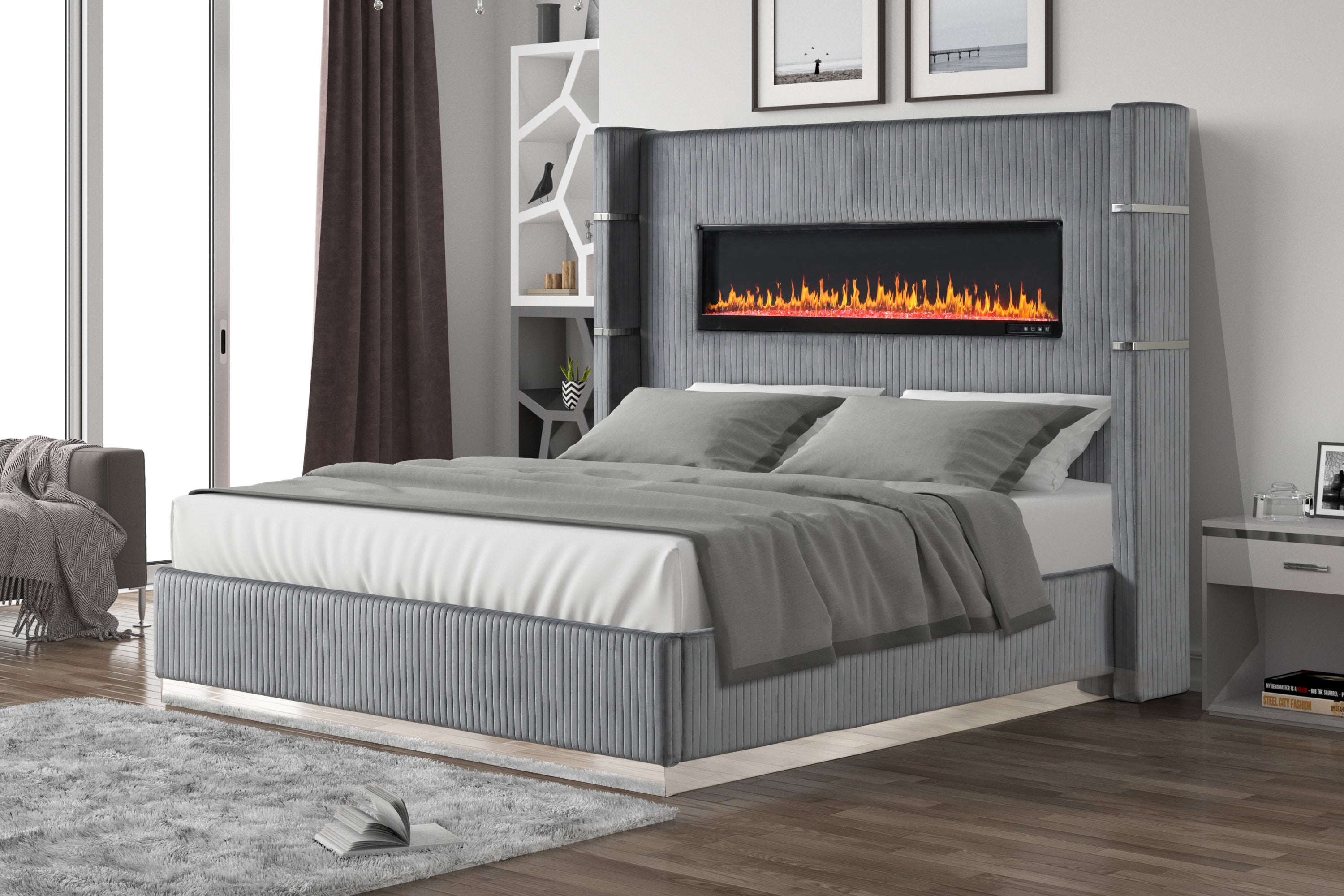 Lizelle Upholstered Wooden King Bed Gray Velvet Ambient Light
