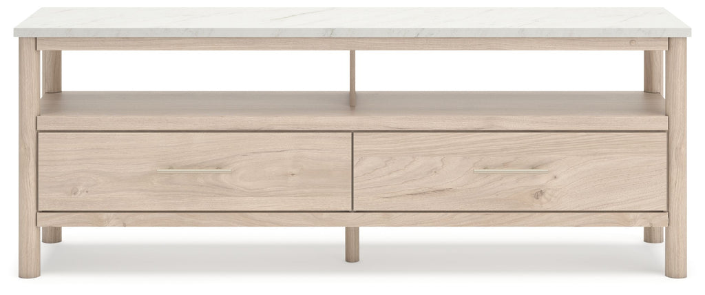 Light wood TV stand with two drawers and an open upper shelf