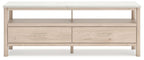 Light wood TV stand with two drawers and an open upper shelf