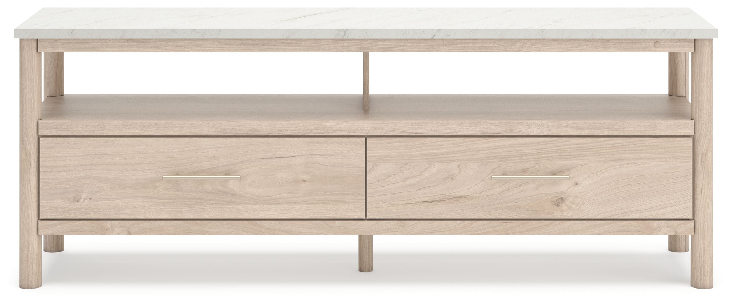 Light wood TV stand with two drawers and an open upper shelf