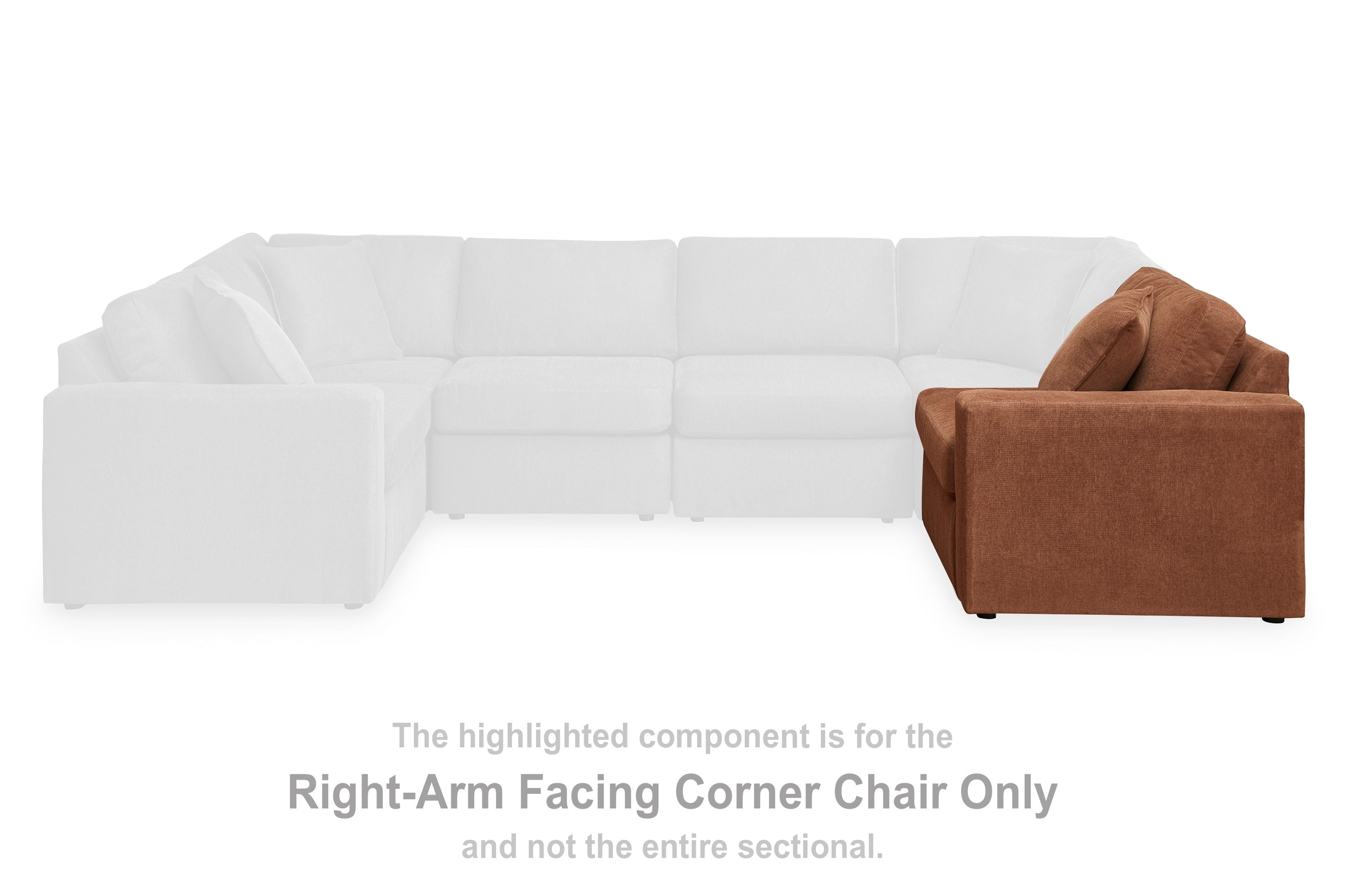 Brown fabric right-arm facing corner chair with padded armrests and seat cushion