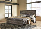 Gray king panel bed rails with upholstered headboard