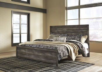 Gray king panel bed rails with upholstered headboard