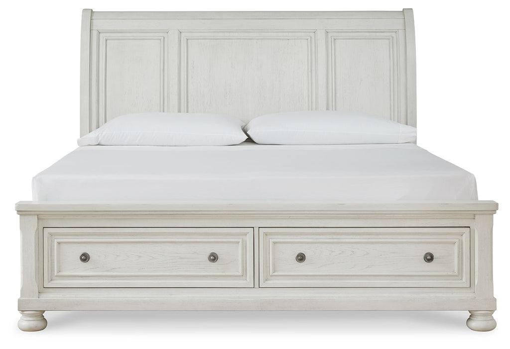 White sleigh bed with two storage drawers and paneled headboard