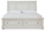 White sleigh bed with two storage drawers and paneled headboard