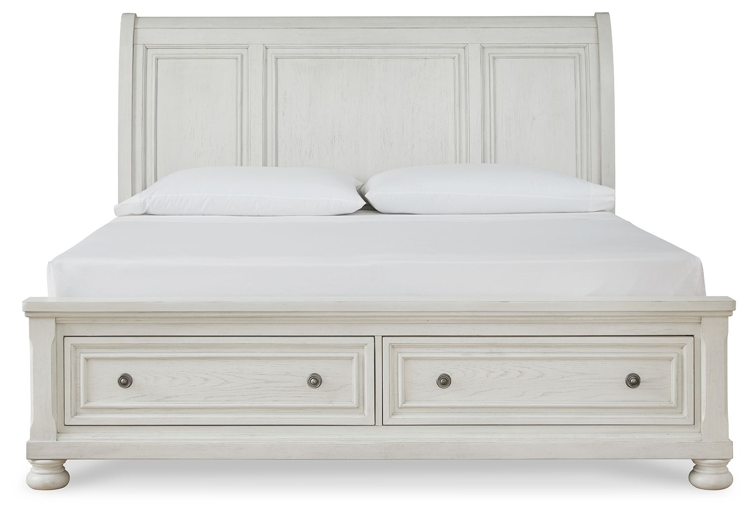 White sleigh bed with two storage drawers and paneled headboard